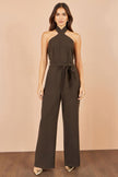 Yumi Brown Cross Over Halter Neck Jumpsuit