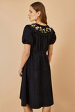 Yumi Black Short Sleeve Midi Dress With Floral Embroidery
