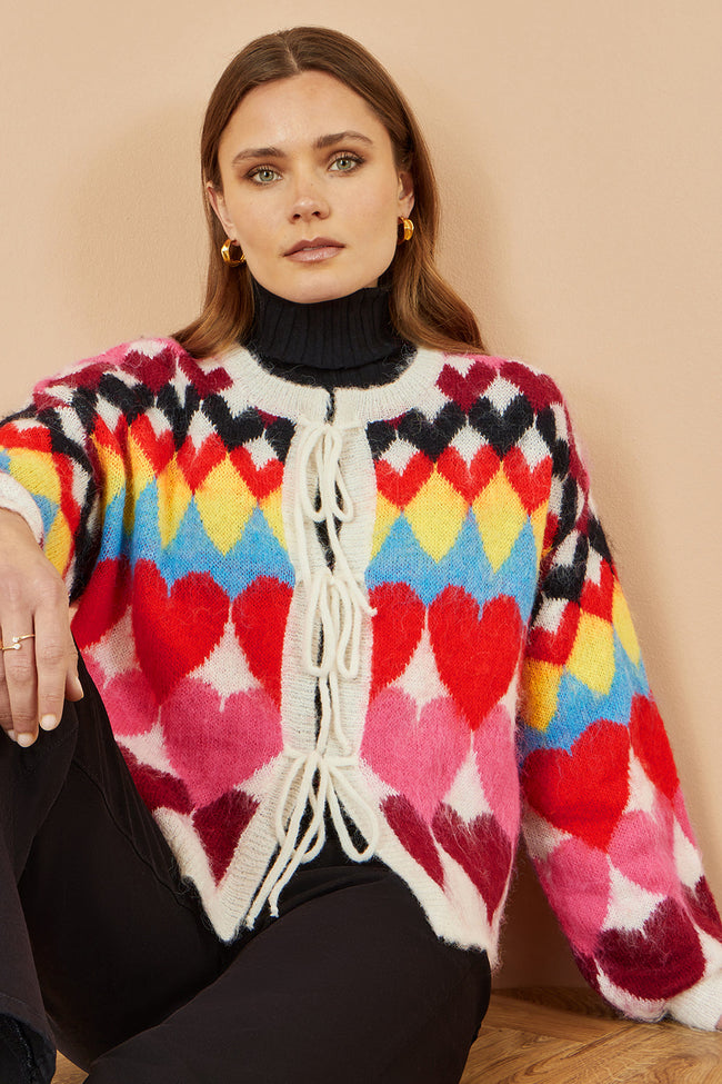 Yumi Multicolour Tie Front Heart Intarsia Cardigan