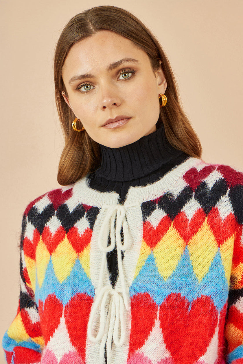 Yumi Multicolour Tie Front Heart Intarsia Cardigan