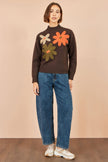 Yumi Brown Knitted High Neck Jumper With Applique Flowers