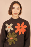 Yumi Brown Knitted High Neck Jumper With Applique Flowers