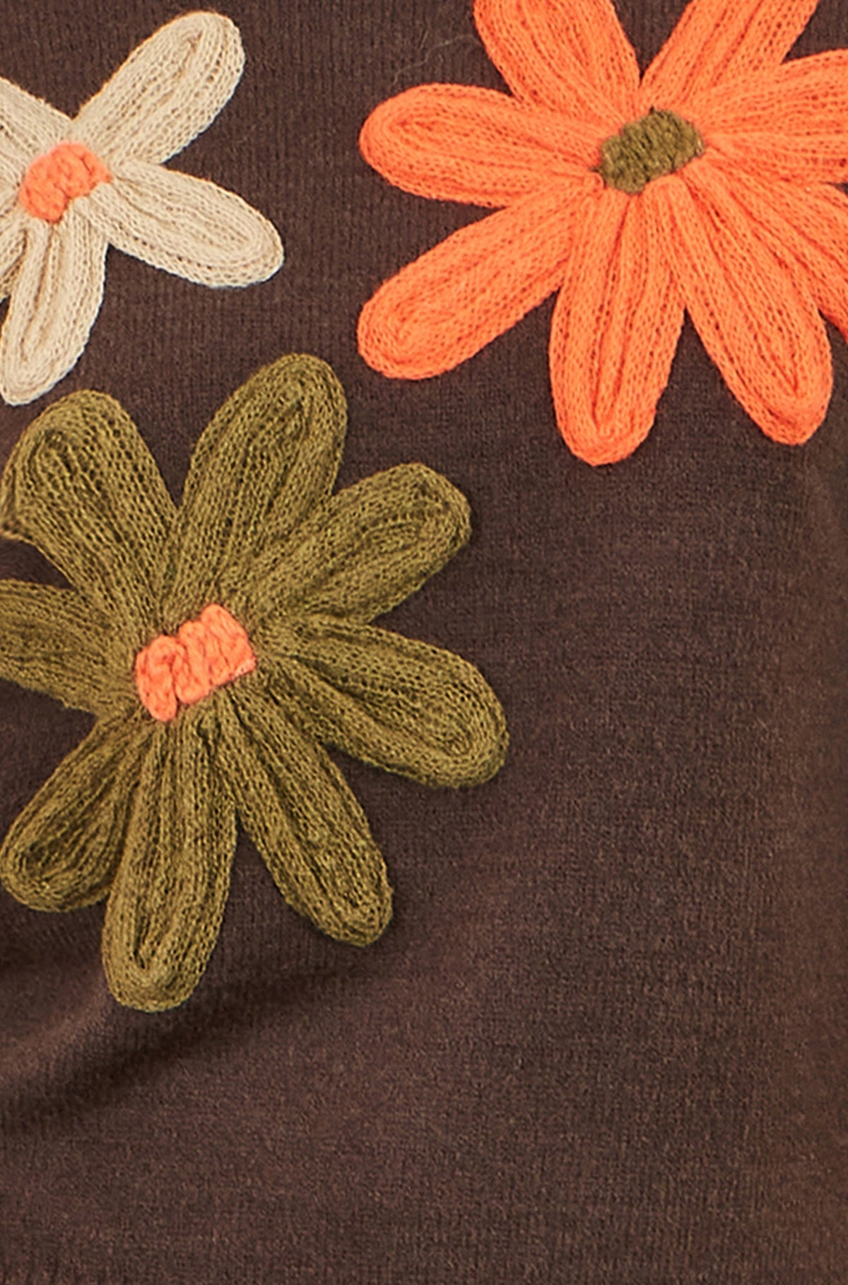 Yumi Brown Knitted High Neck Jumper With Applique Flowers