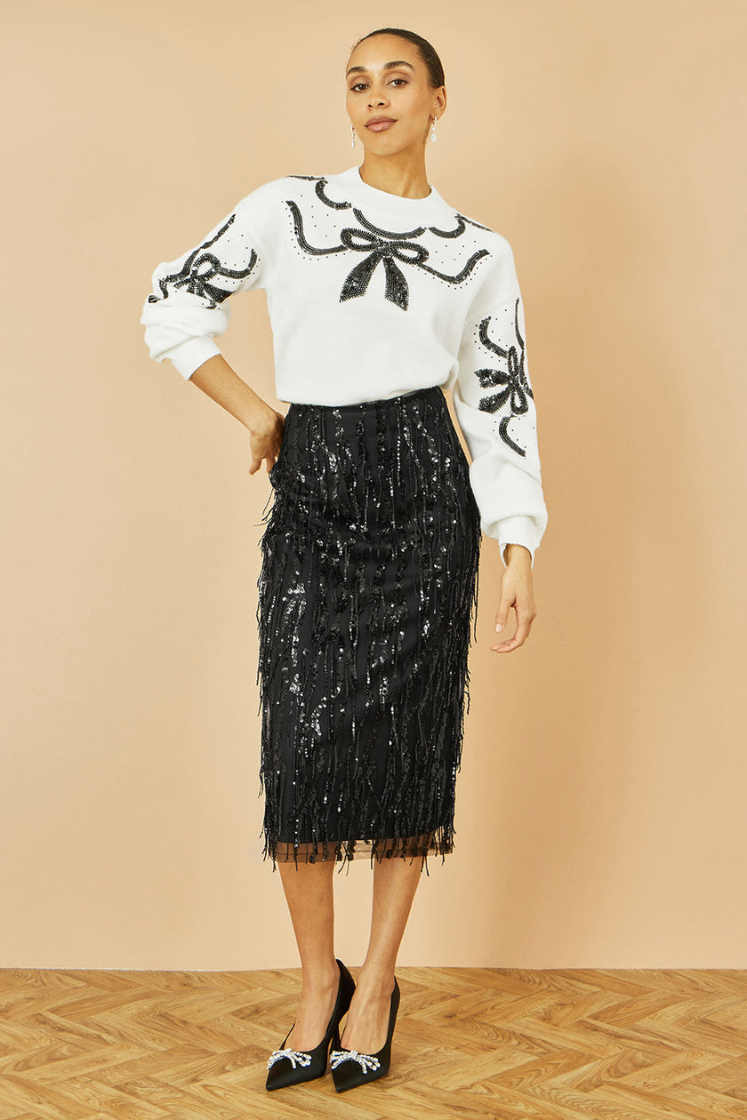 Yumi Black Hanging Sequin Fitted Midi Skirt