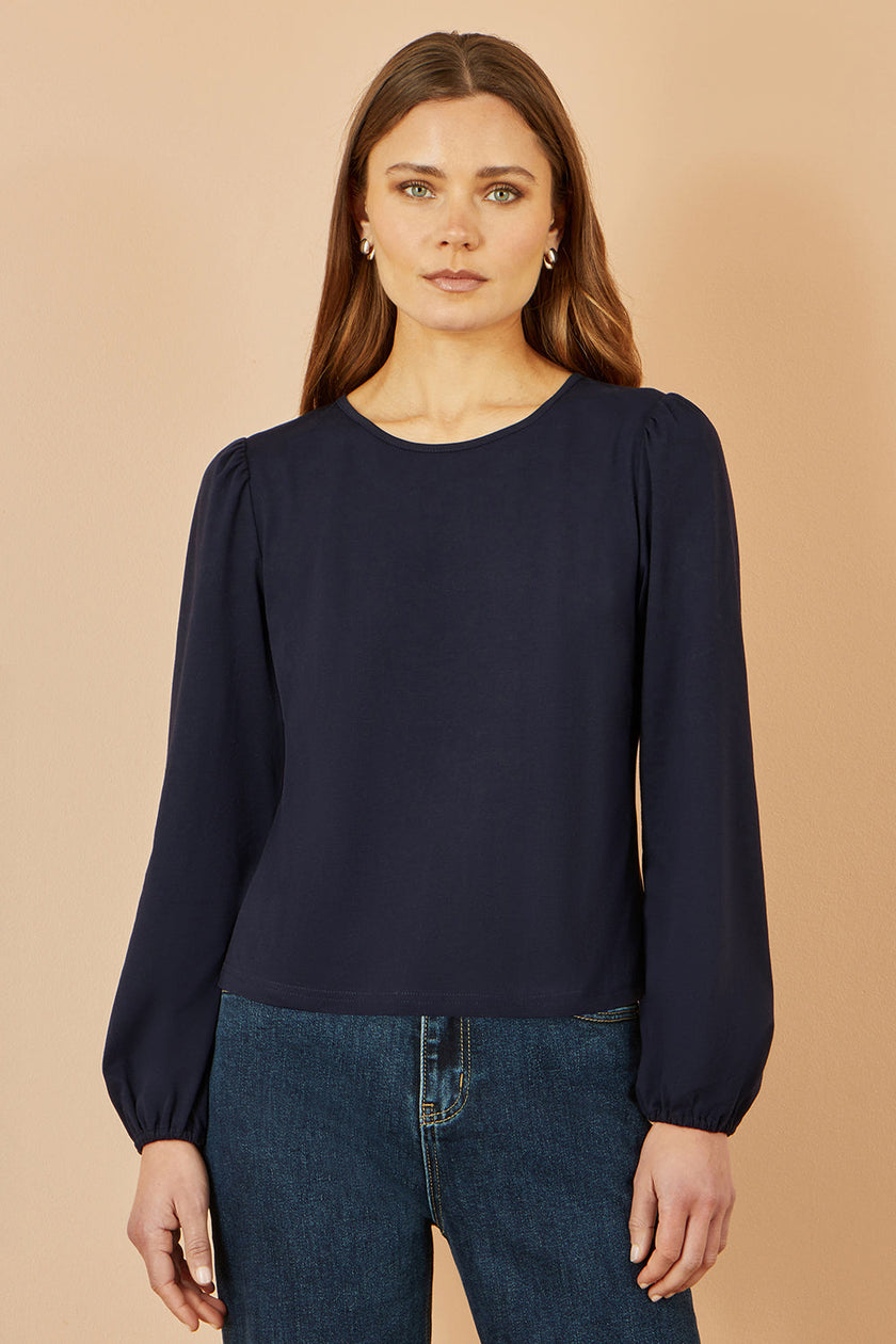 Yumi Navy Stretch Cotton Jersey Long Sleeve Top