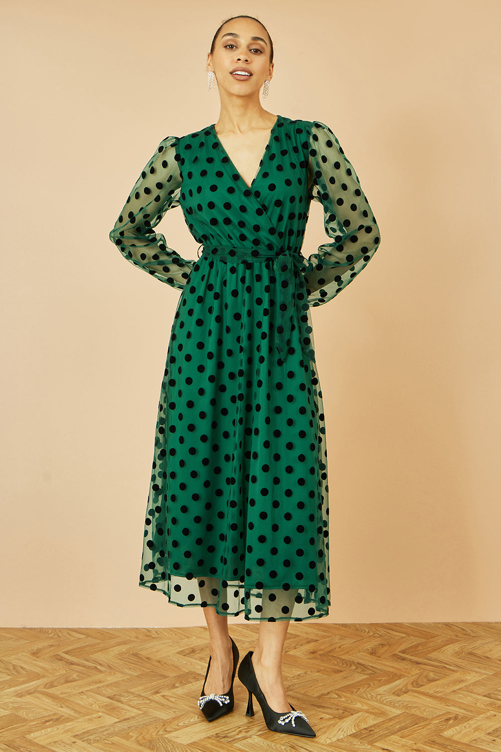 Yumi Green Spot Mesh Wrap Midi Skater Dress