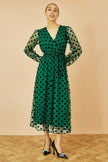 Yumi Green Spot Mesh Wrap Midi Skater Dress