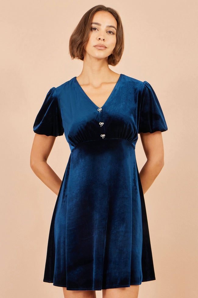 Yumi Navy Velvet Skater Dress With Dimante Bow Detail