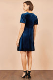 Yumi Navy Velvet Skater Dress With Dimante Bow Detail