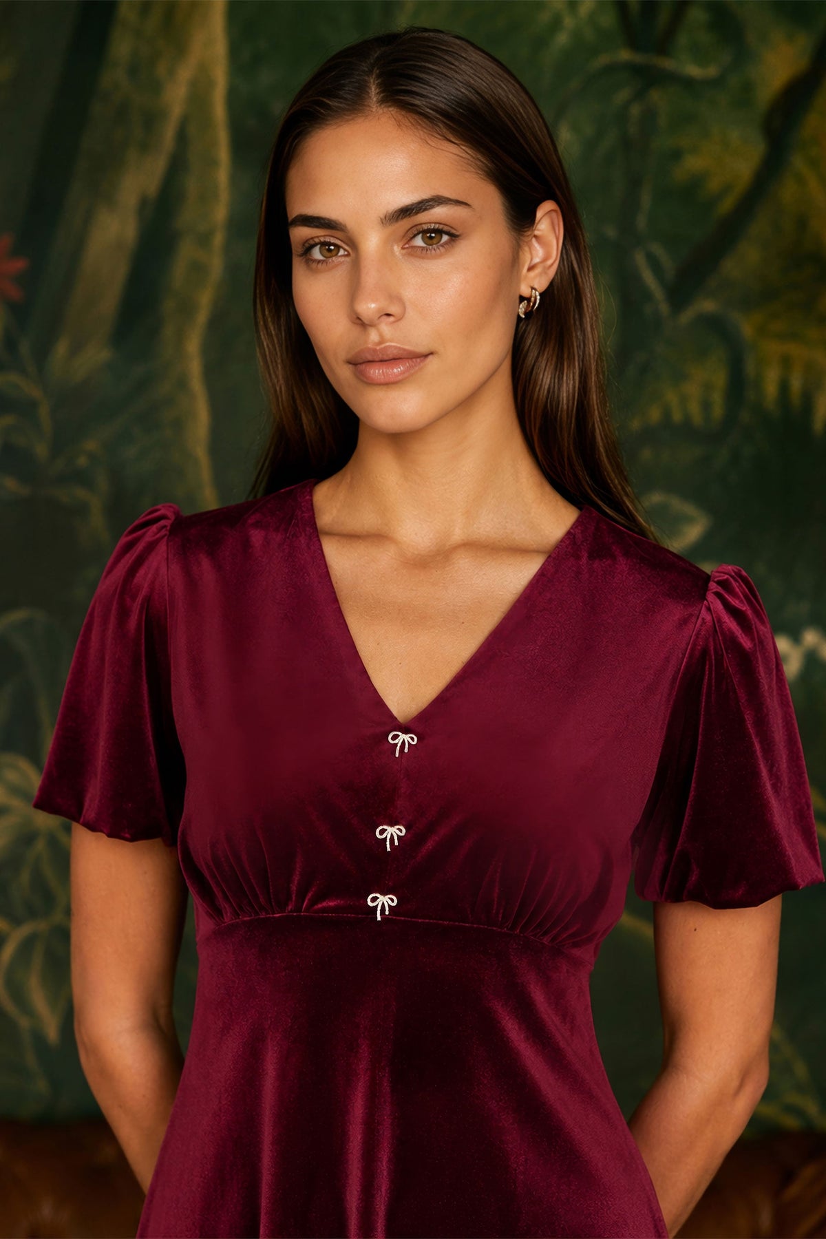 Robe patineuse en velours bordeaux Yumi avec nœud à strass