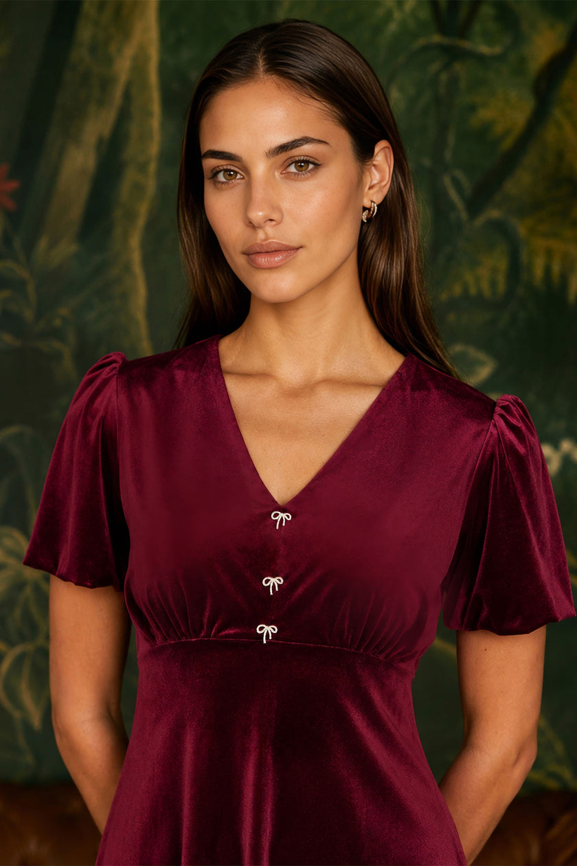 Robe patineuse en velours bordeaux Yumi avec nœud à strass