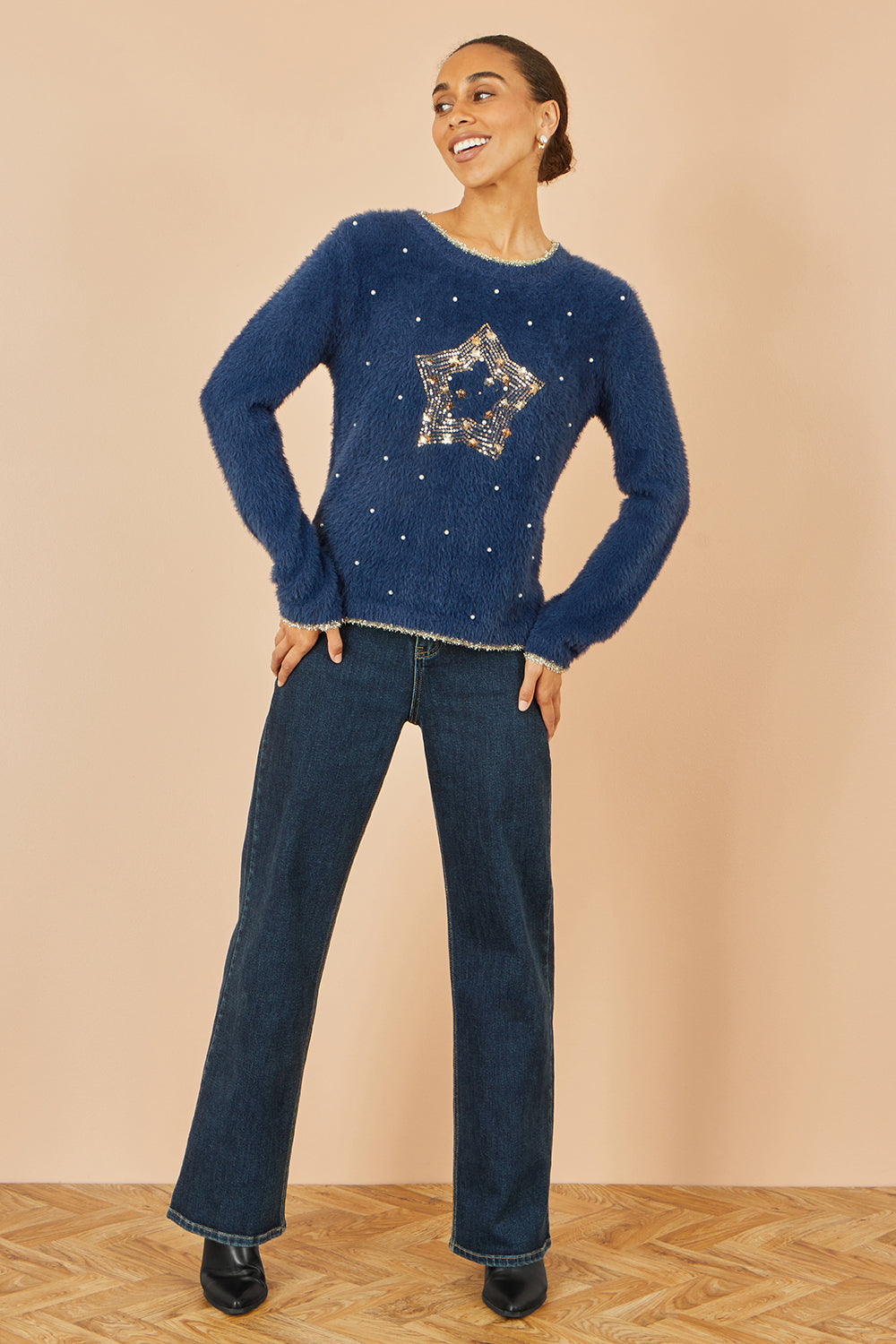 Yumi marineblå, blød julesweater med stjerner