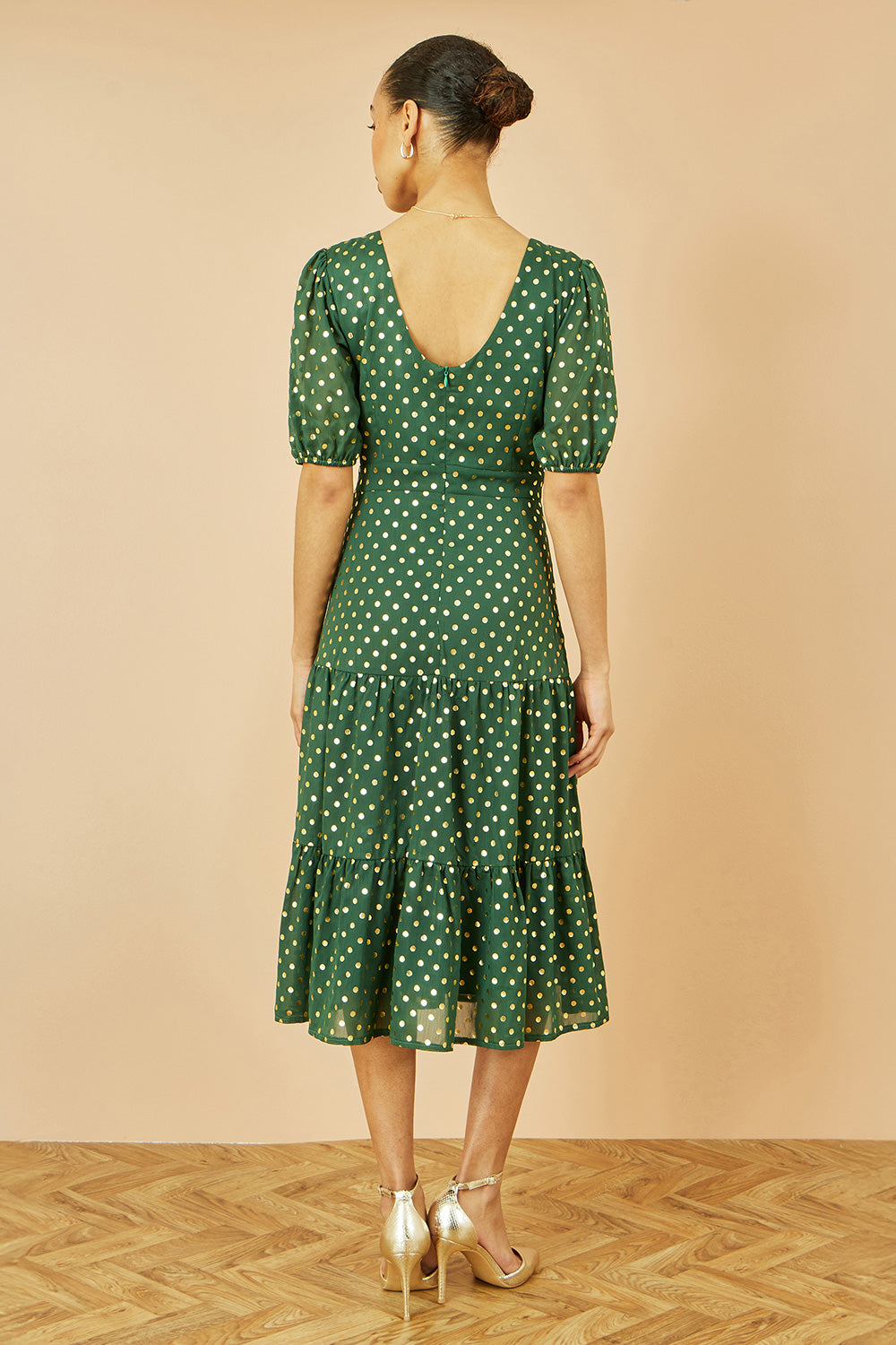 Yumi Green Gold Foil Spot Midi Dress With Scoop Back