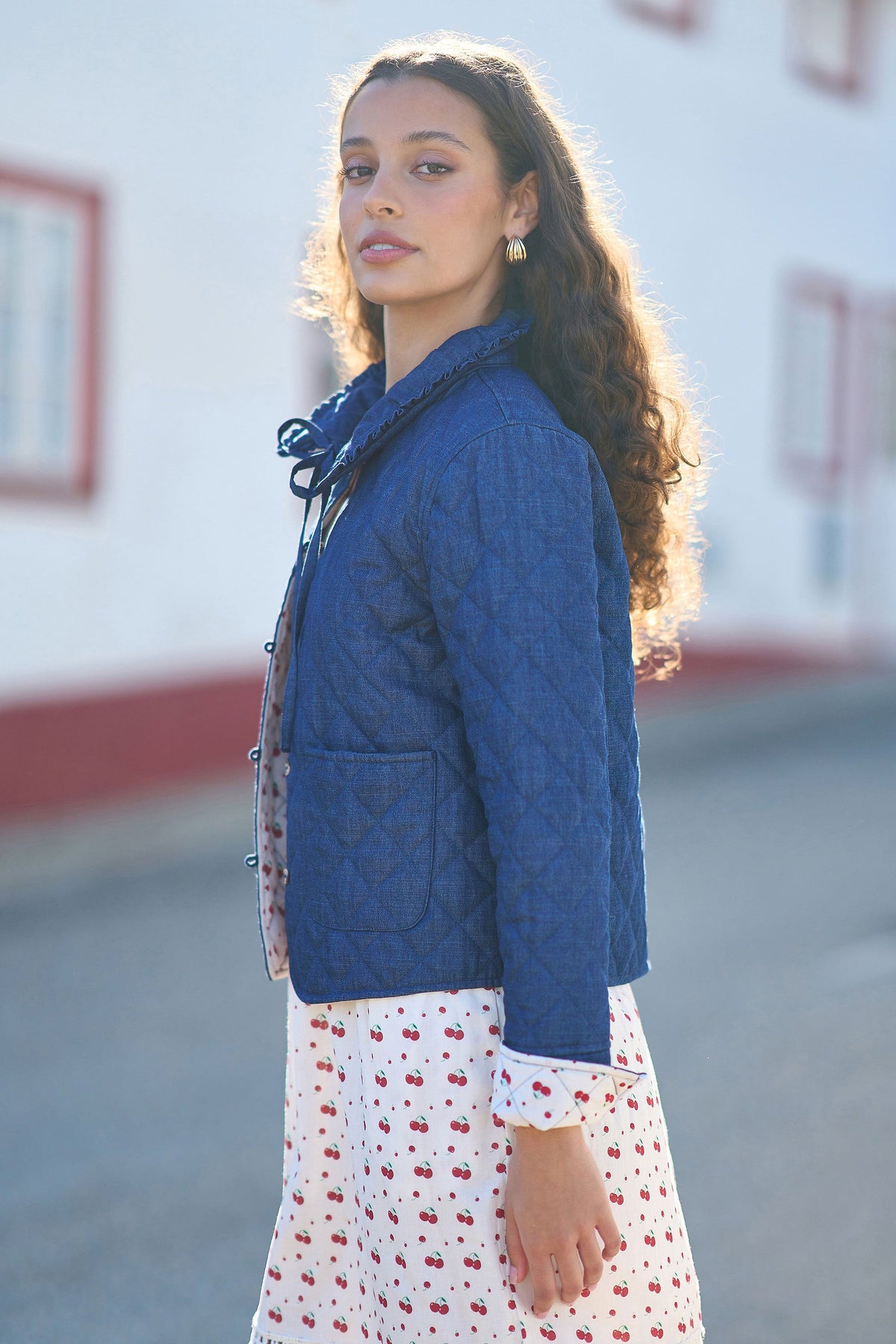 Yumi Blue Chambray Quilted Jacket With Cherry Lining