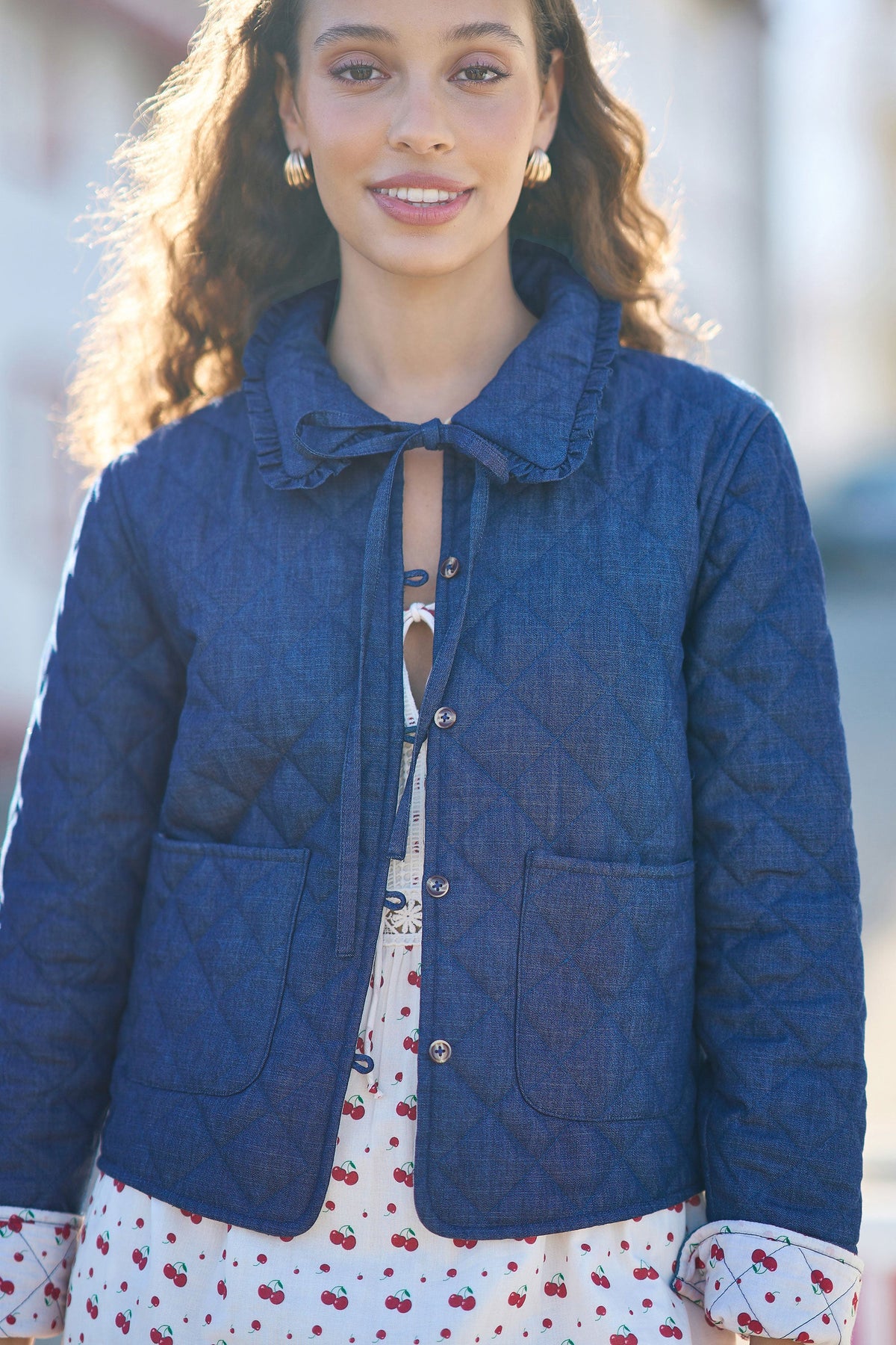 Yumi Blue Chambray Quilted Jacket With Cherry Lining