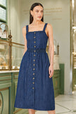 Yumi Blue Chambray Cotton Ruched Midi Sun Dress