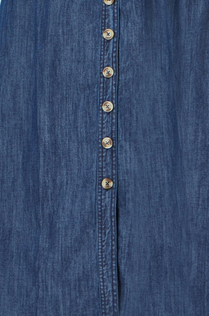 Yumi Blue Chambray Cotton Ruched Midi Sun Dress