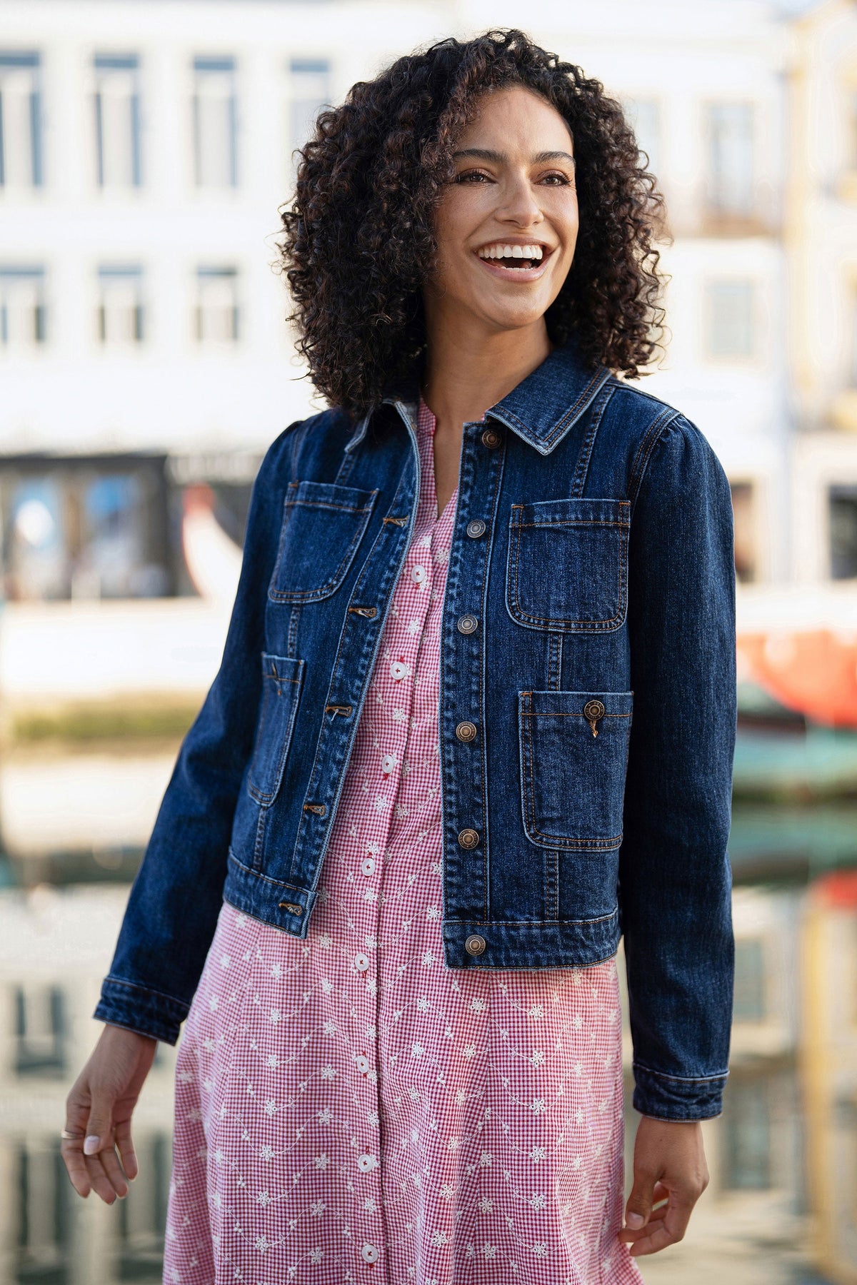 Yumi Blue Stretch Denim Jacket With Pocket Detail