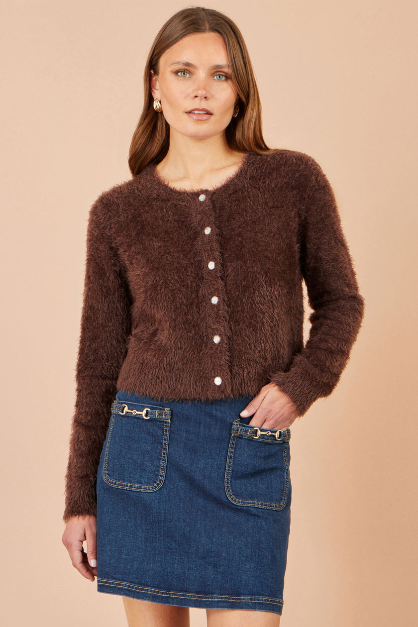 Cardigan corto in maglia effetto ciglia Yumi Brown