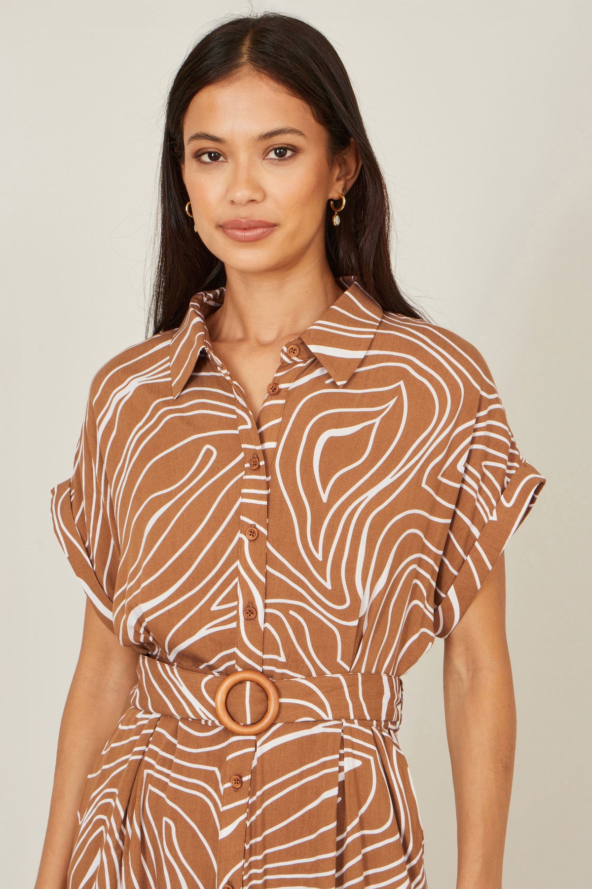 Yumi Brown Abstract Swirl Print Relaxed Midi Shirt Dress With Belt