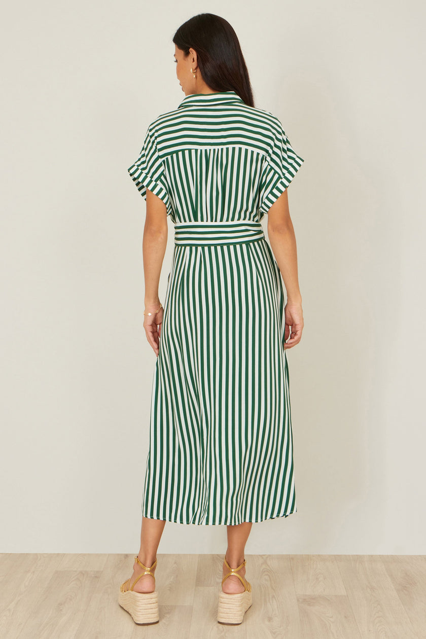 Yumi Green Stripe Print Relaxed Midi Shirt Dress With Belt