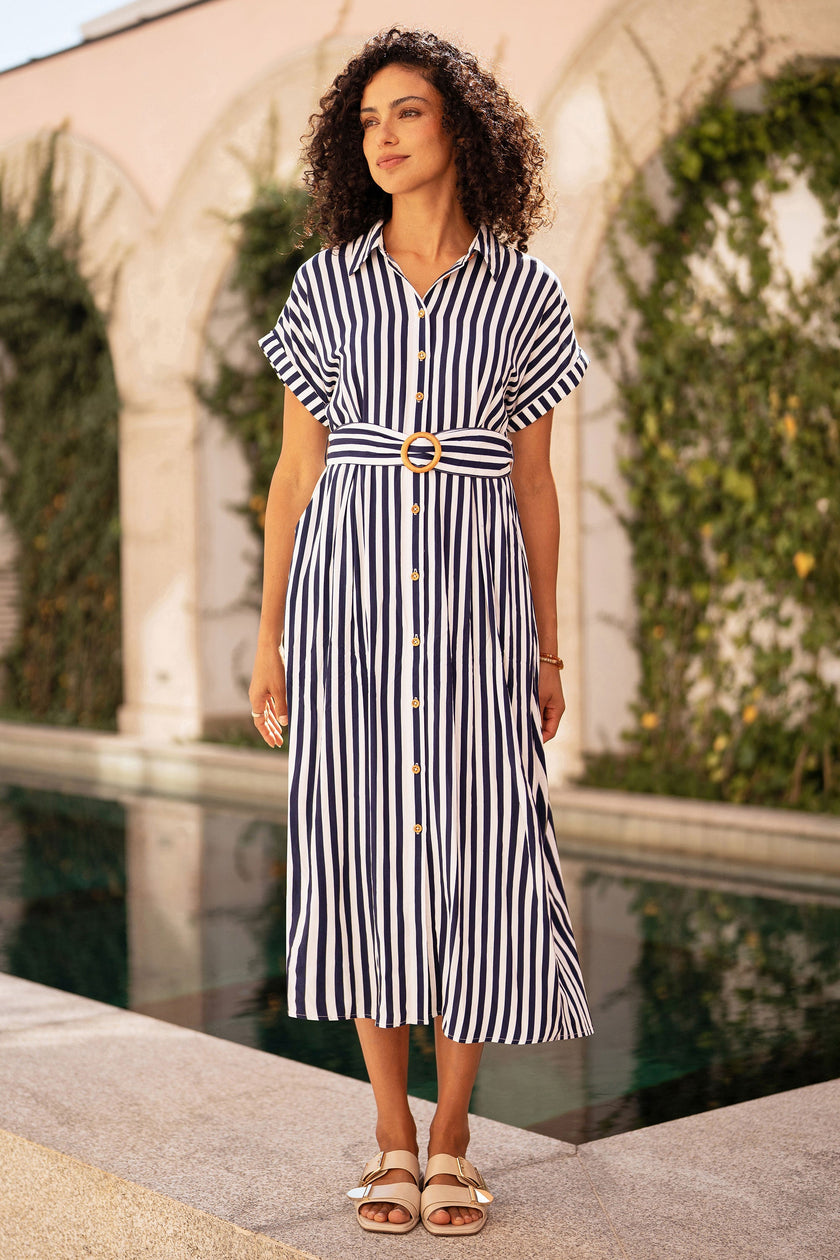 Yumi Navy Stripe Print Relaxed Midi Shirt Dress With Belt