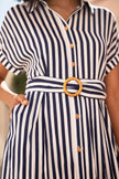 Yumi Navy Stripe Print Relaxed Midi Shirt Dress With Belt