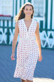 Yumi White Cherry Print Lace Trim Cotton Midi Dress