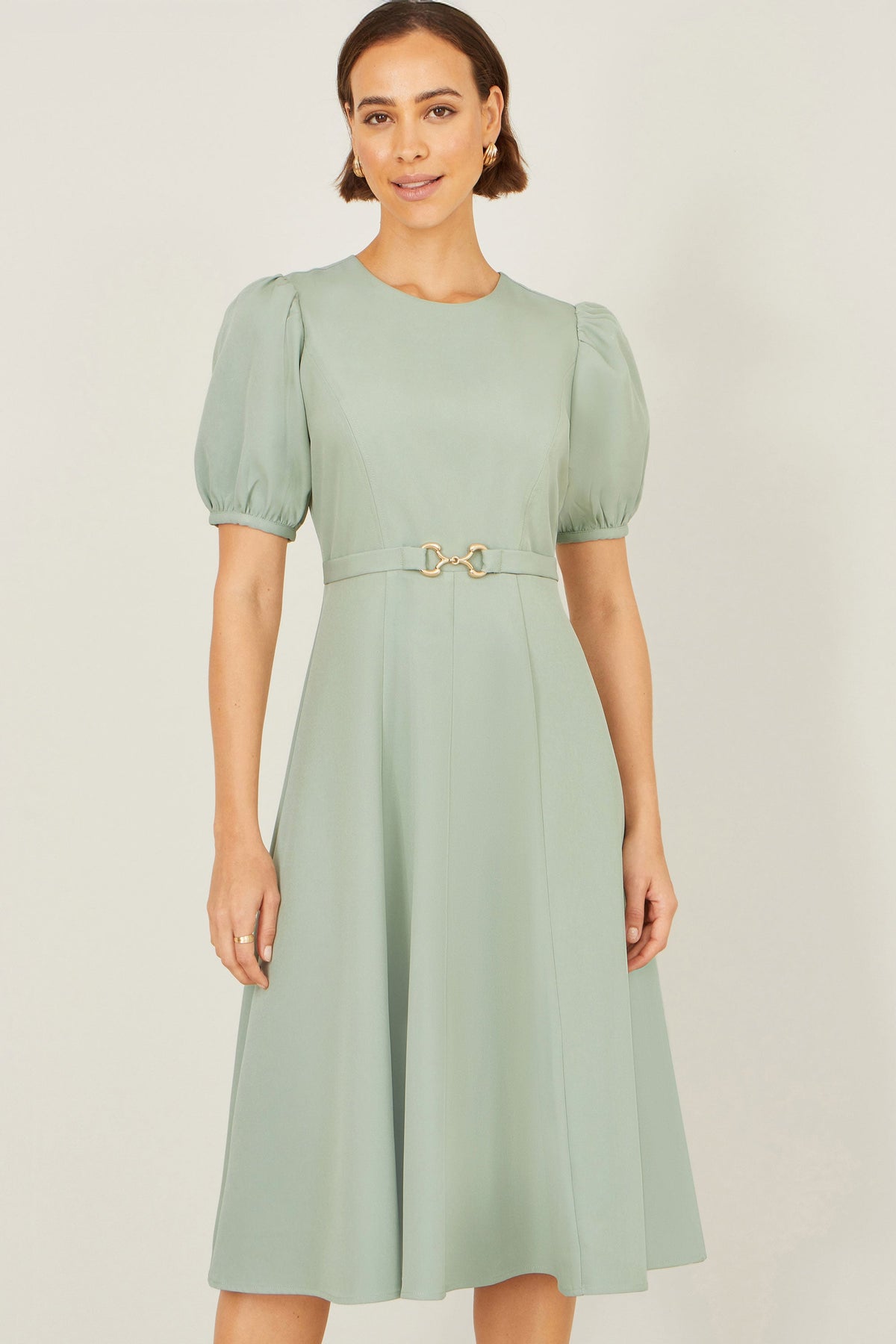 Yumi Mint Skater Dress With Puff Sleeves And Buckle Detail