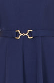 Yumi Navy Skater Dress With Puff Sleeves And Buckle Detail