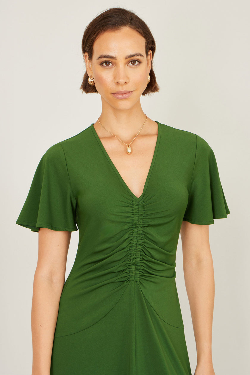 Yumi Green Ruched Front Stretch Midi Dress