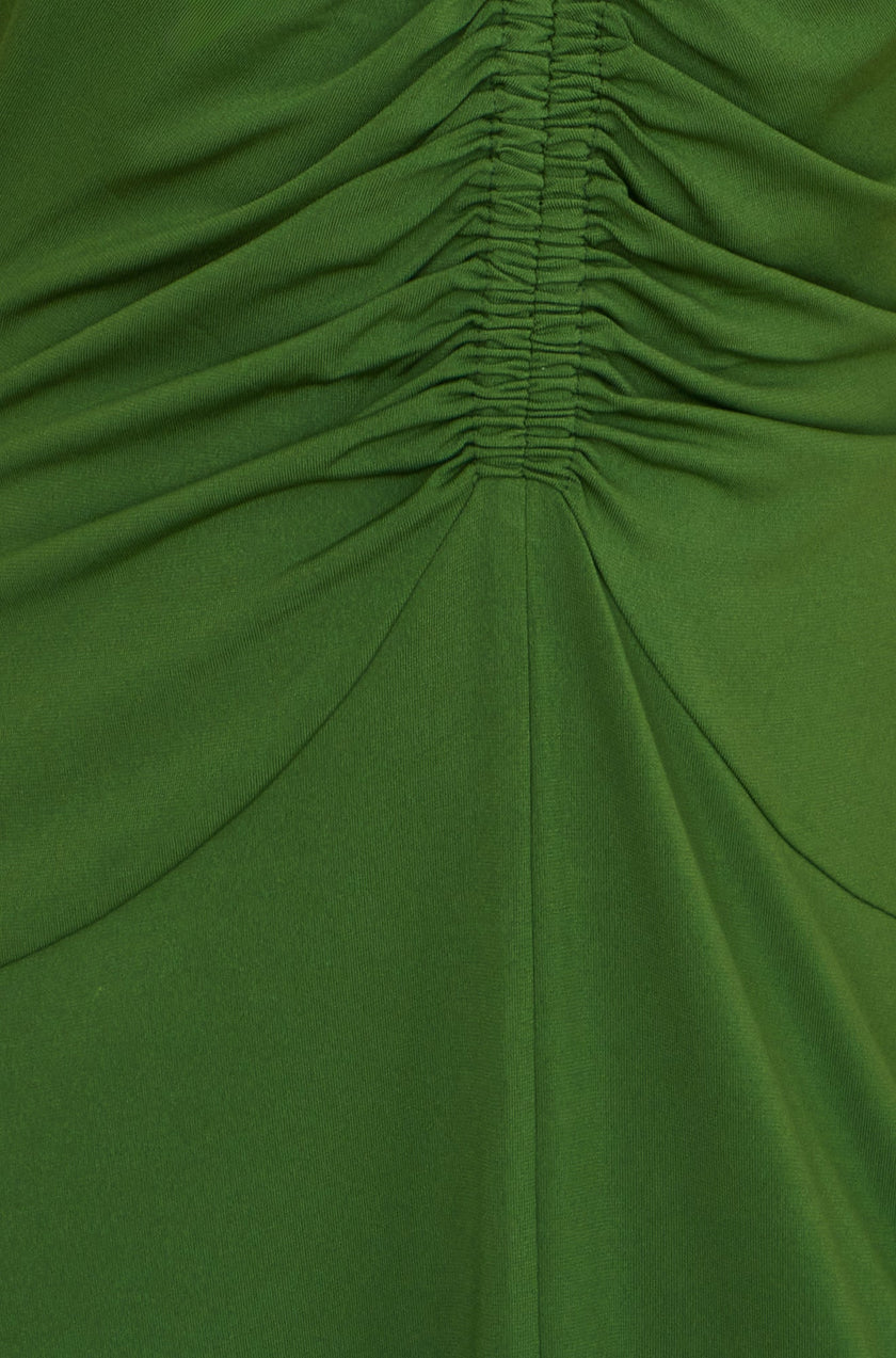 Yumi Green Ruched Front Stretch Midi Dress