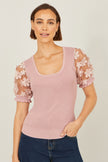 Yumi Blush Knitted Top With Floral Applique