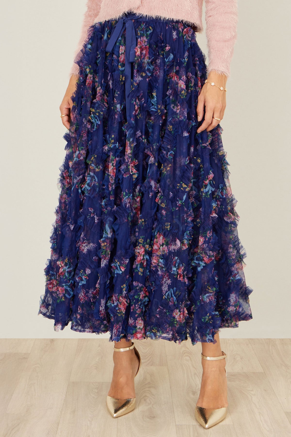 Yumi Navy Floral Ruffle Mesh Midi Skirt
