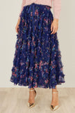 Yumi Navy Floral Ruffle Mesh Midi Skirt