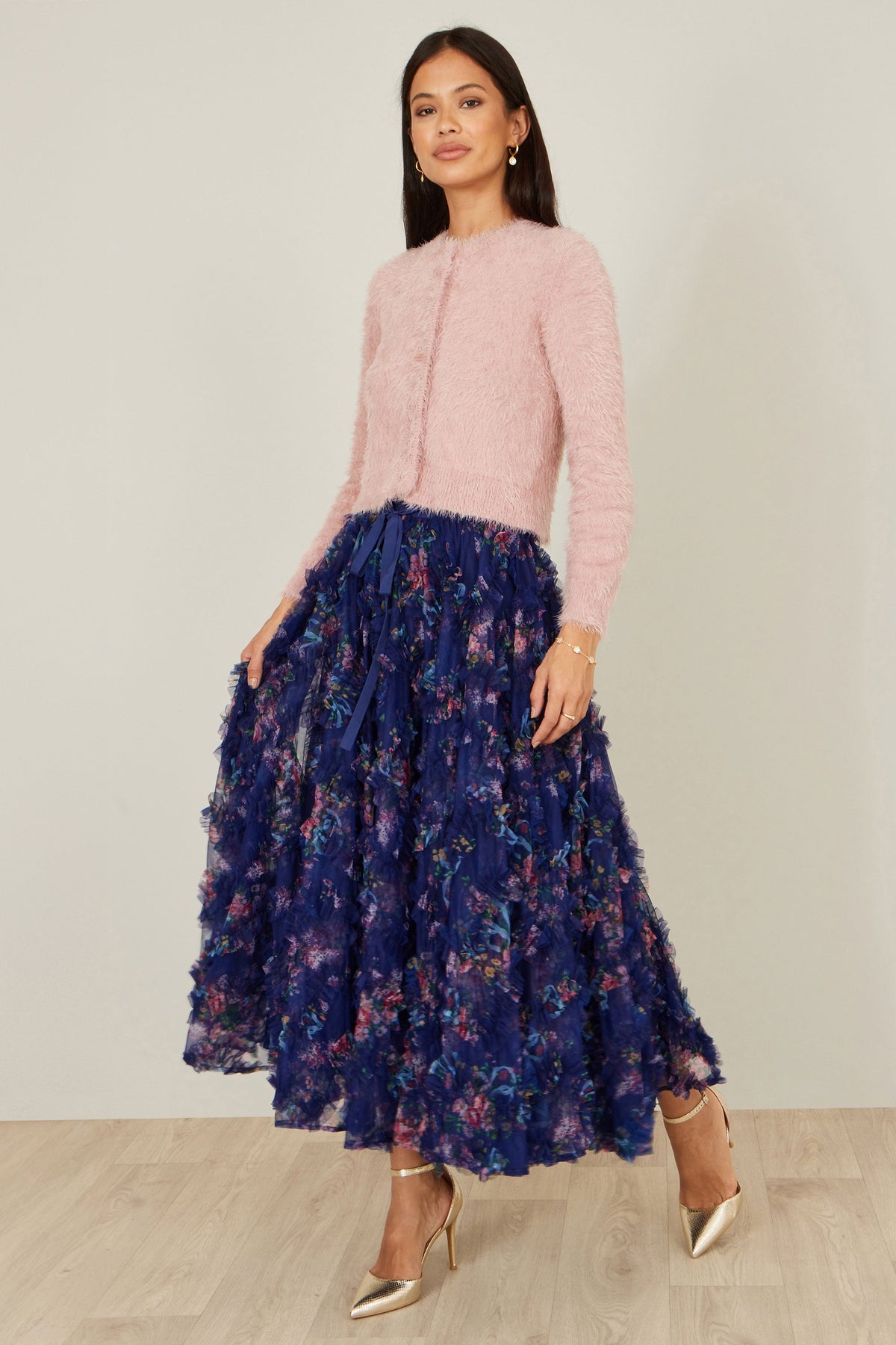 Yumi Navy Floral Ruffle Mesh Midi Skirt