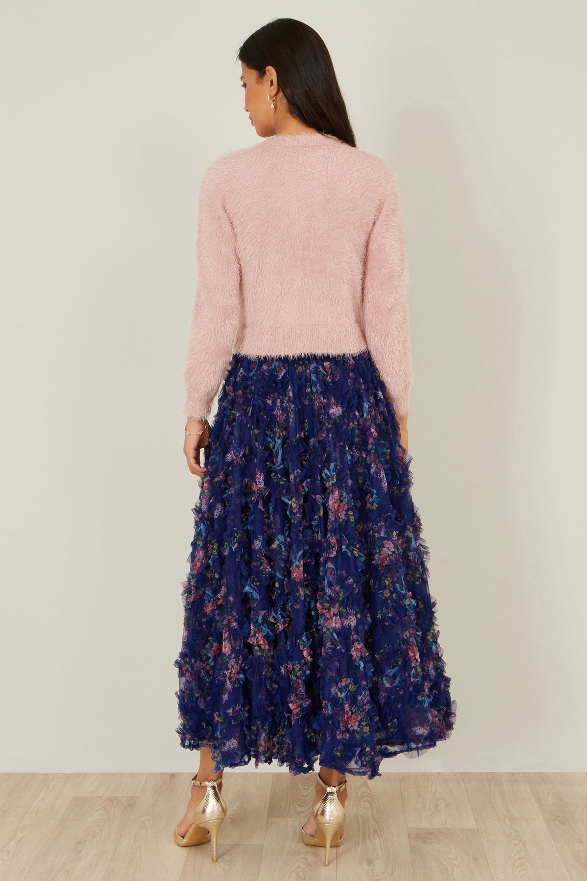 Yumi Navy Floral Ruffle Mesh Midi Skirt