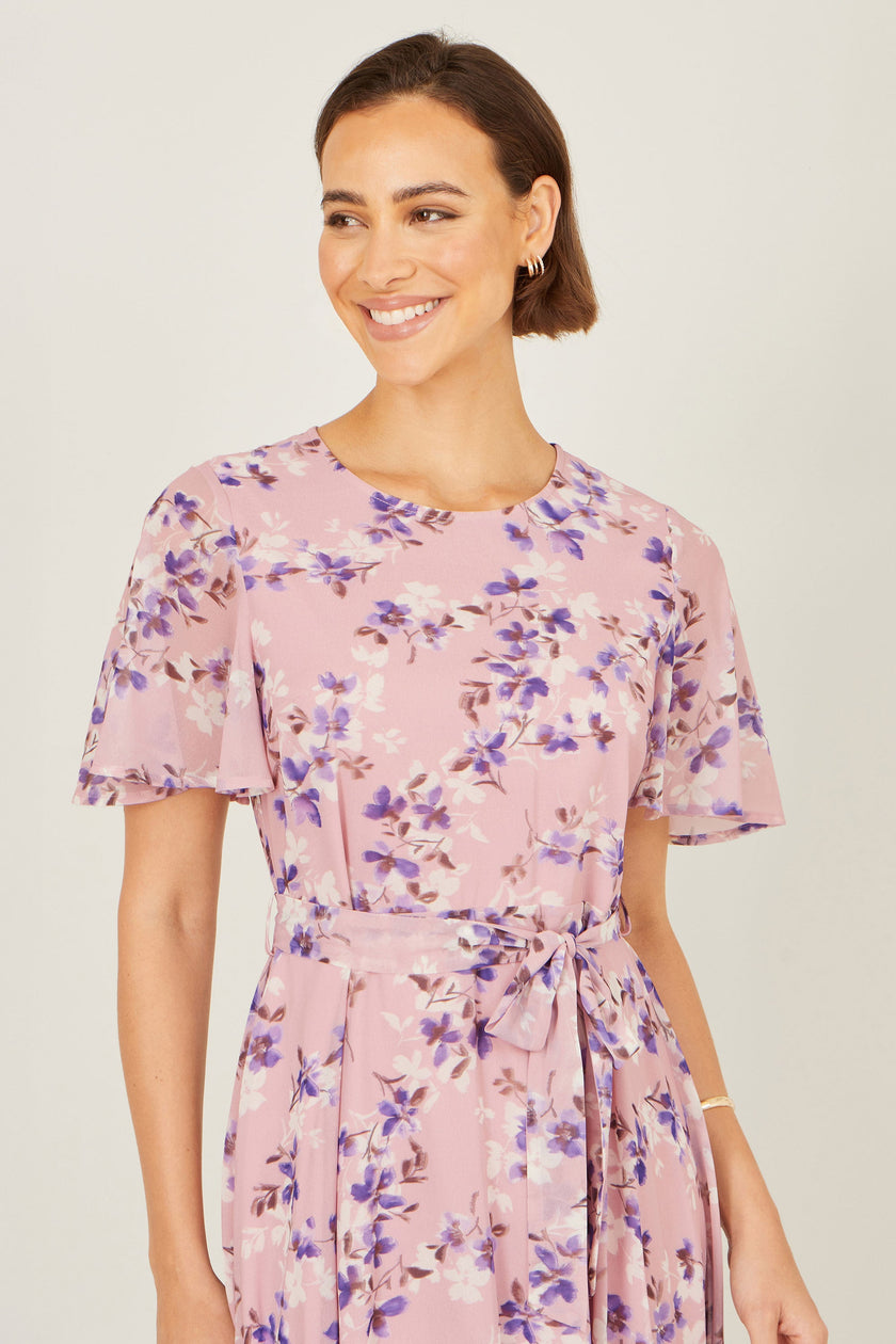 Yumi Pink Blossom Skater Midi Dress With Angel Sleeves