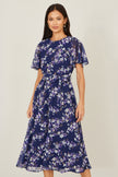 Yumi Navy Blossom Print Midi Skater Dress With Angel Sleeves