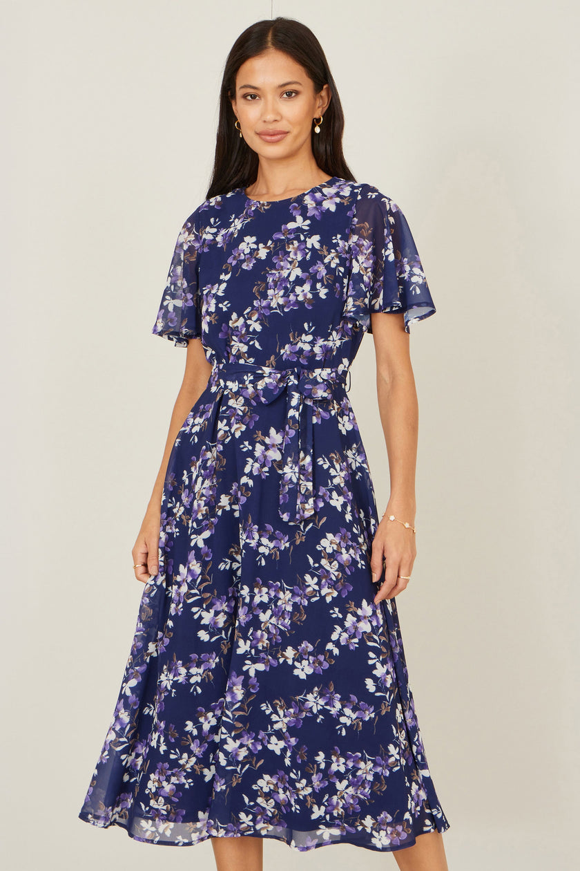Yumi Navy Blossom Print Midi Skater Dress With Angel Sleeves