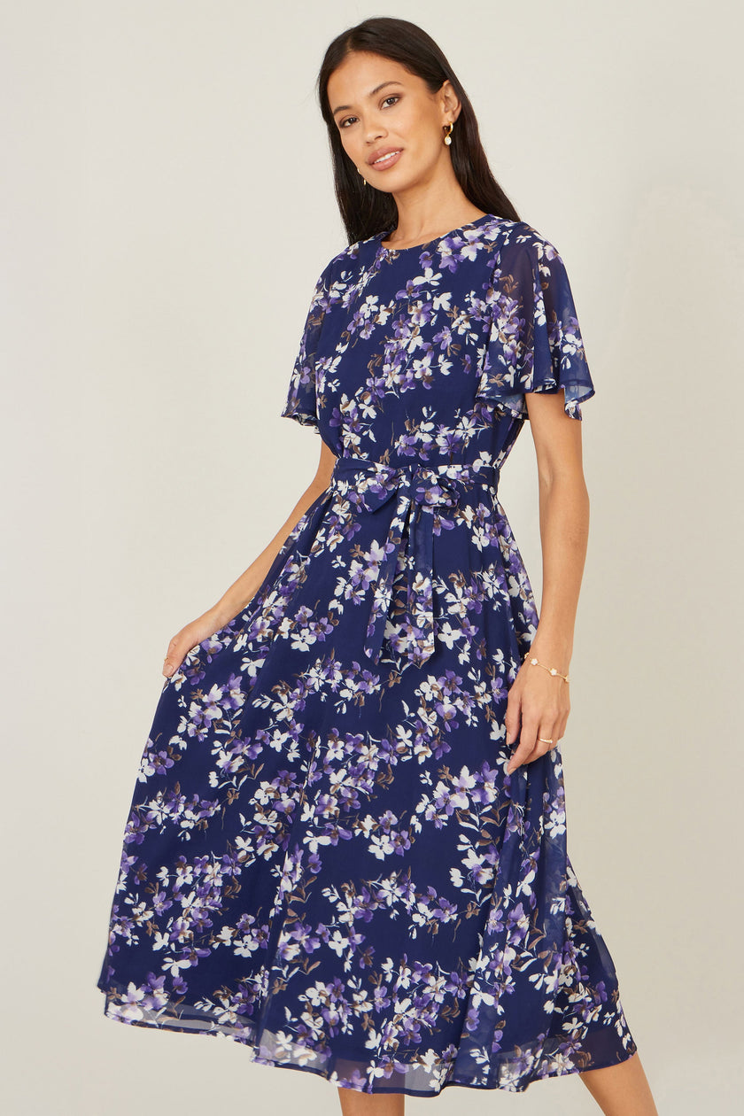 Yumi Navy Blossom Print Midi Skater Dress With Angel Sleeves