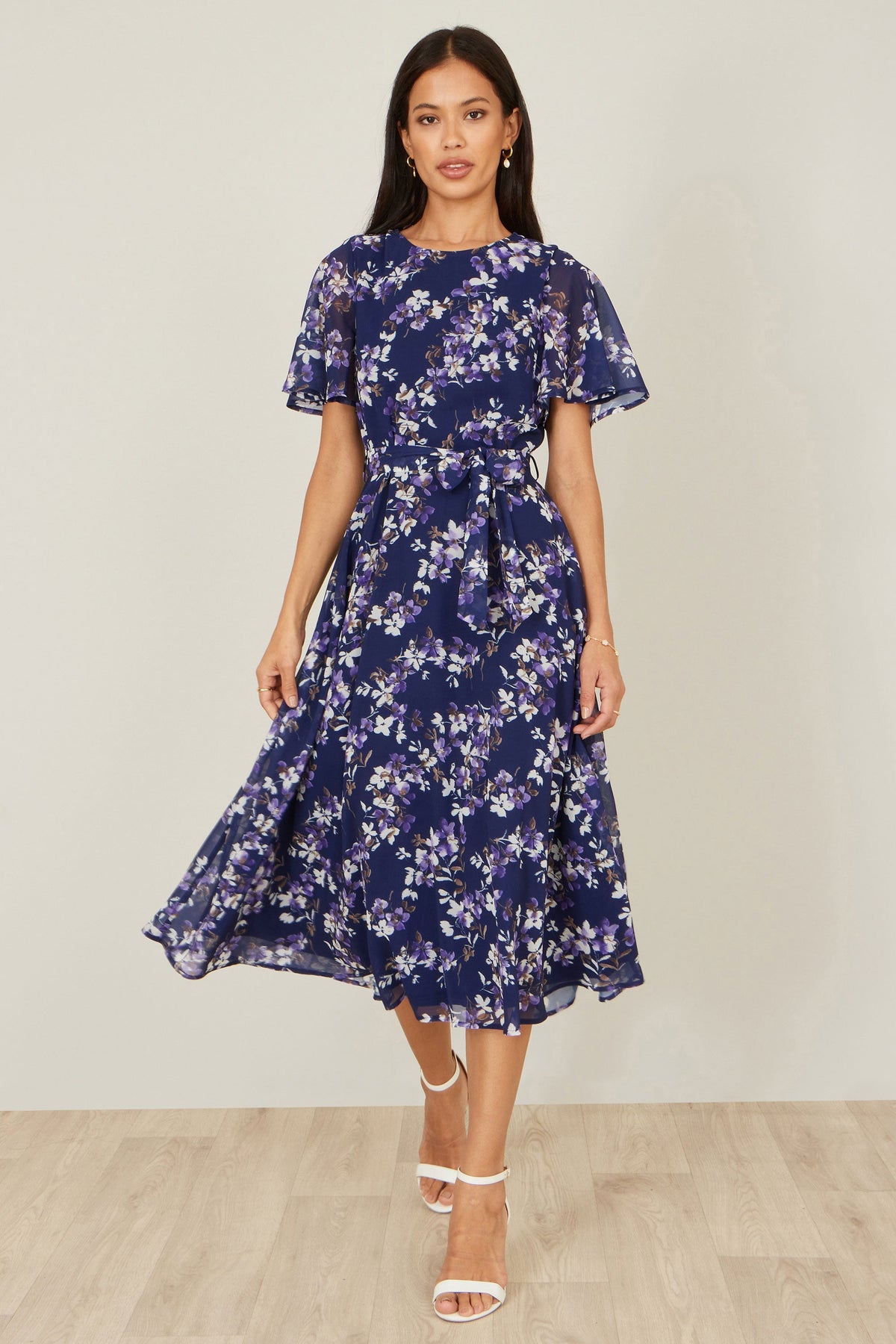 Yumi Navy Blossom Print Midi Skater Dress With Angel Sleeves