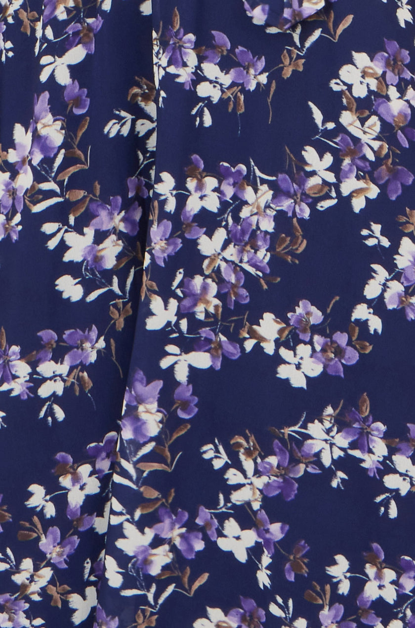 Yumi Navy Blossom Print Midi Skater Dress With Angel Sleeves