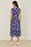 Yumi Navy Blossom Print Mesh Stretch Midi Dress With Pockets