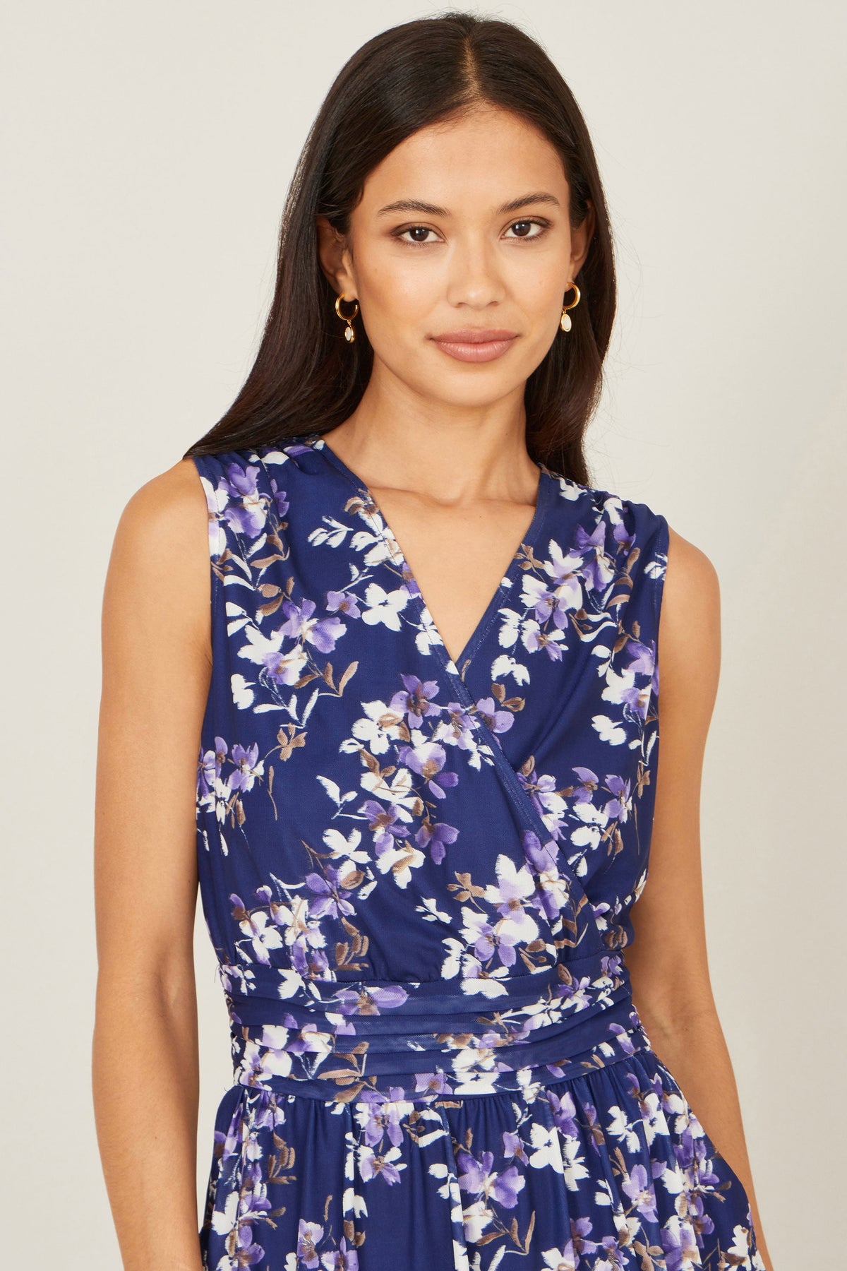 Yumi Navy Blossom Print Mesh Stretch Midi Dress With Pockets