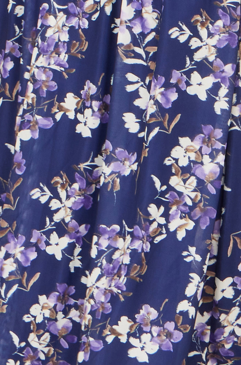 Yumi Navy Blossom Print Mesh Stretch Midi Dress With Pockets