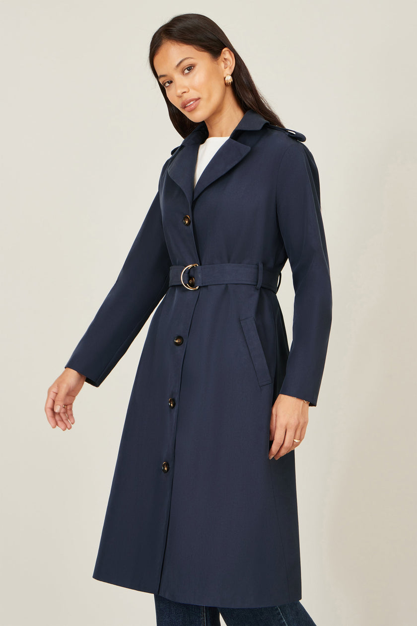 Yumi Navy Belted Long Trench Coat With Belt
