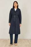 Yumi Navy Belted Long Trench Coat With Belt