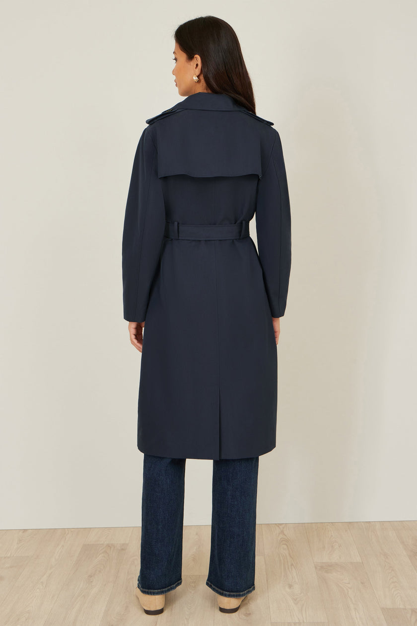 Yumi Navy Belted Long Trench Coat With Belt