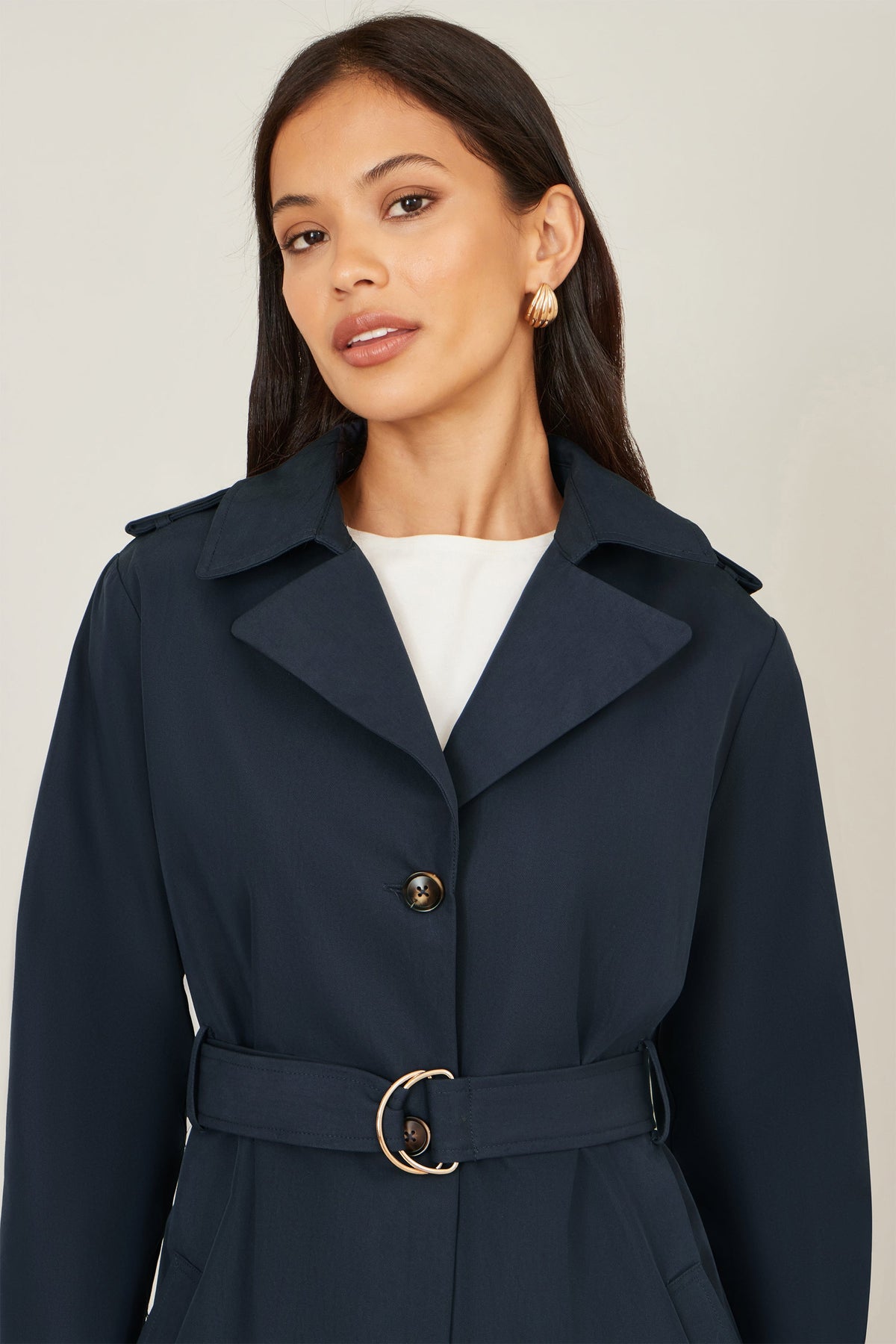 Yumi Navy Belted Long Trench Coat With Belt